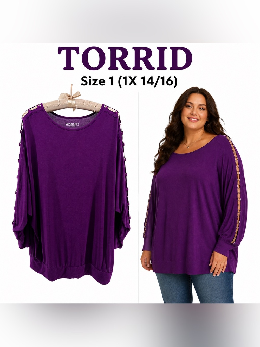 torrid Super Soft Size 1 1X 14/16 Purple Dolman Sleeve O Ring Detail Tunic Top